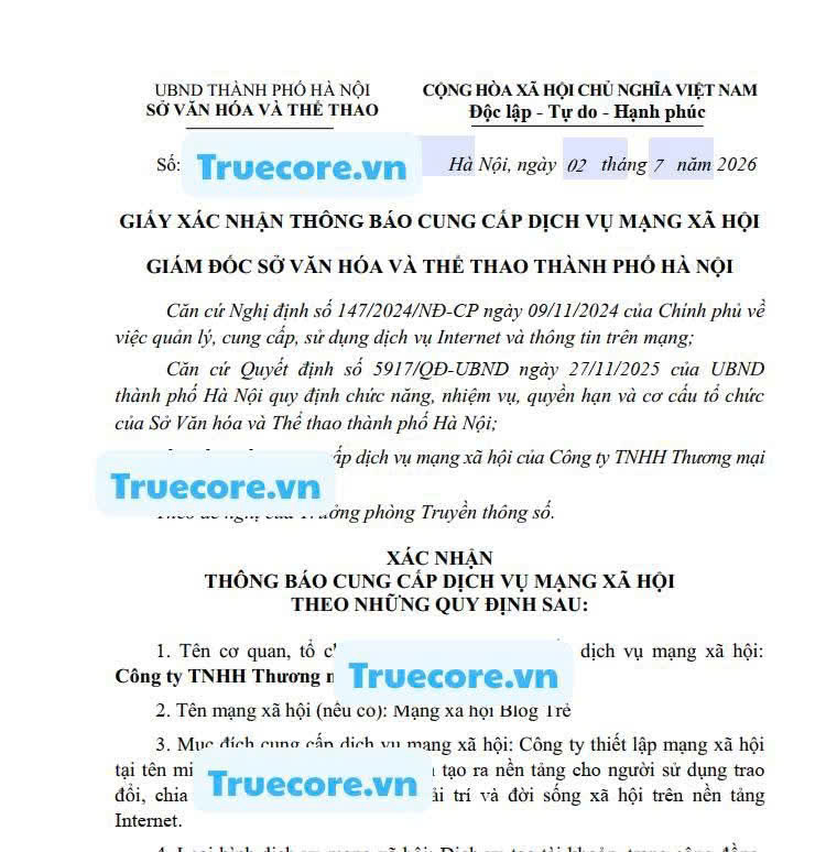 dịch vụ xin giấy phép mạng xã hội của dangkybocongthuong.truecore.vn