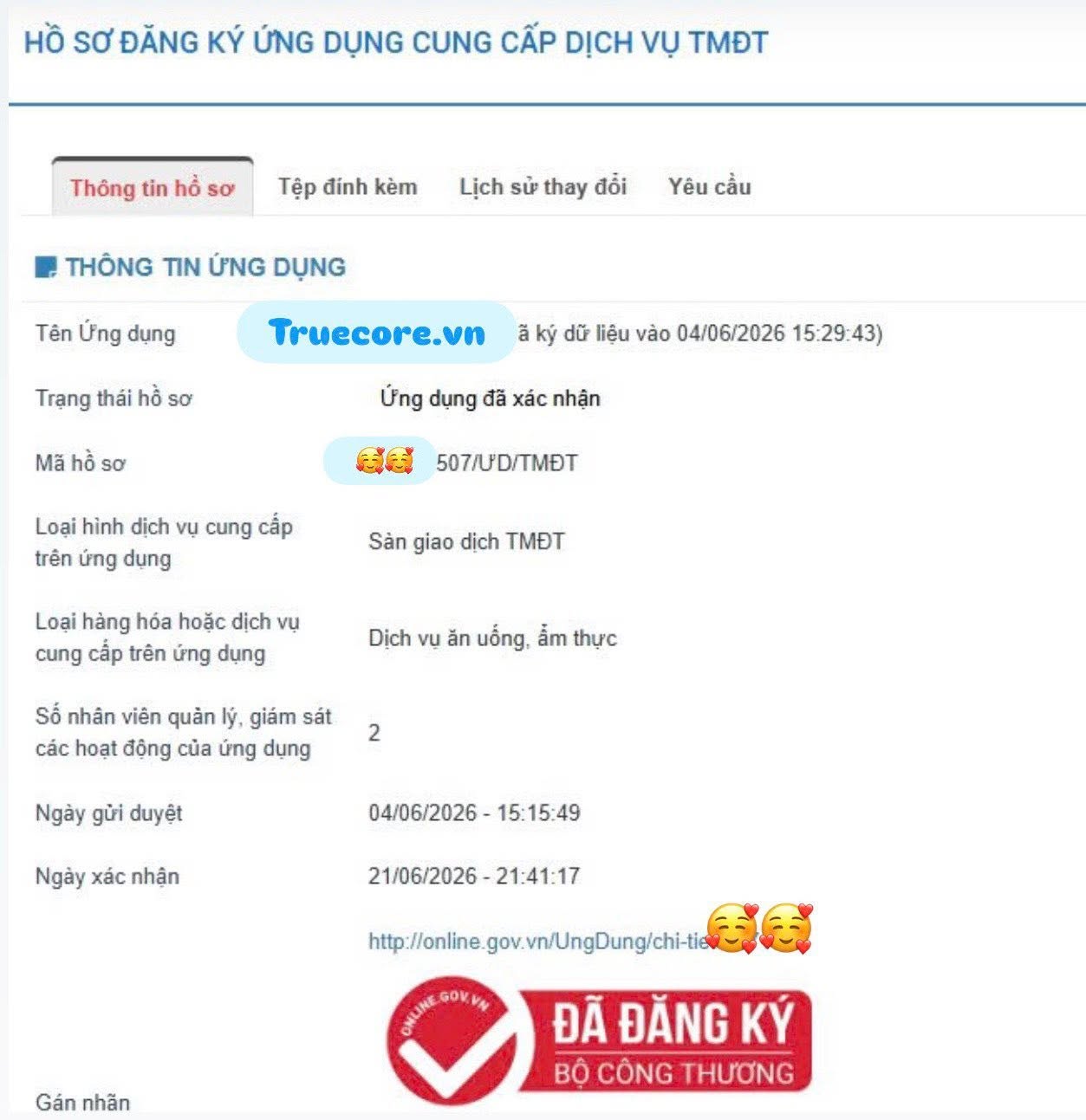 Kết quả đăng ký sàn thương mại điện tử tại Truecore