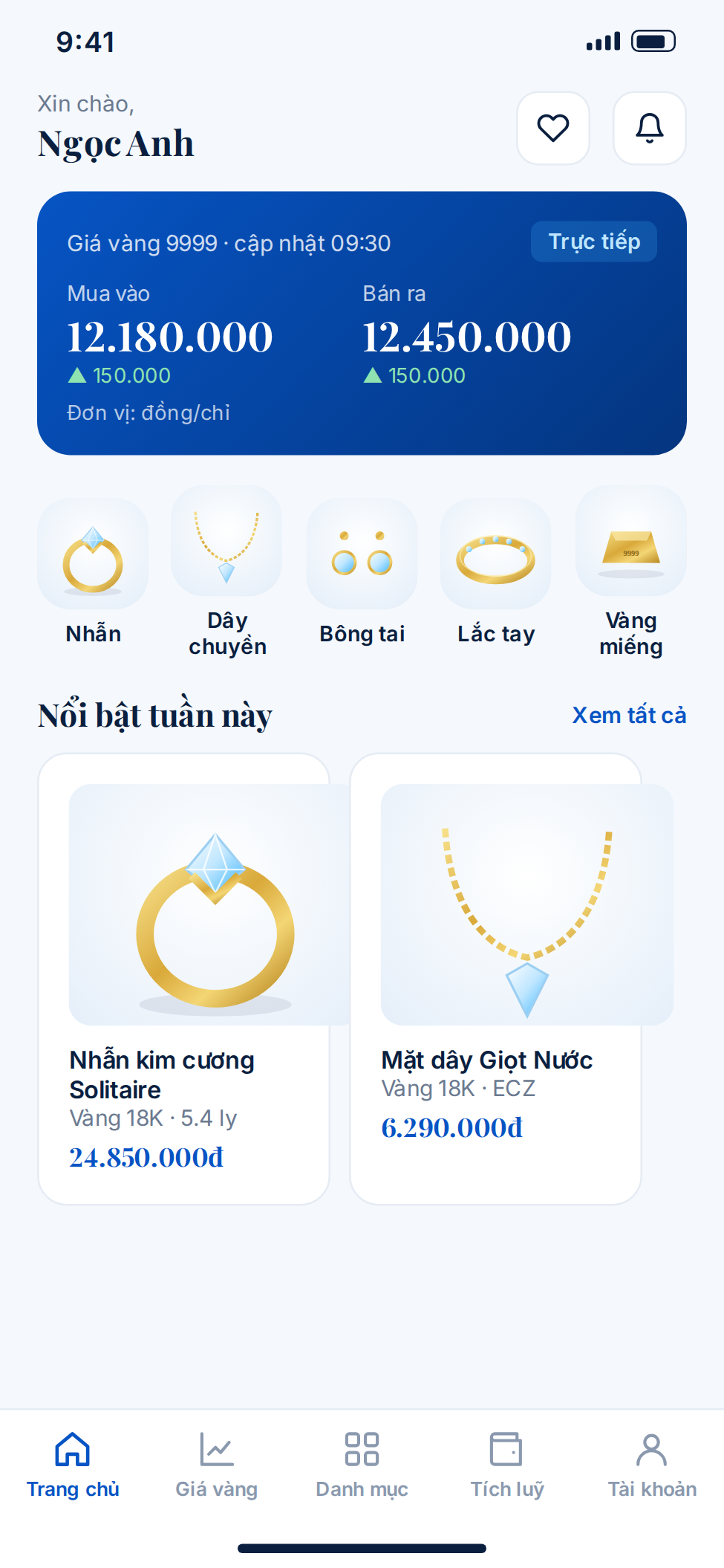 Giao diện trang chủ app bán trang sức chuyên nghiệp