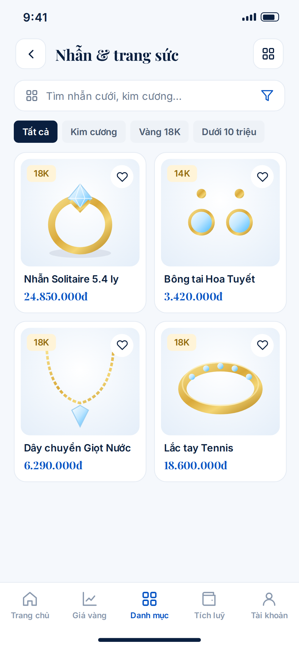 Danh mục nhẫn và trang sức trên app bán hàng