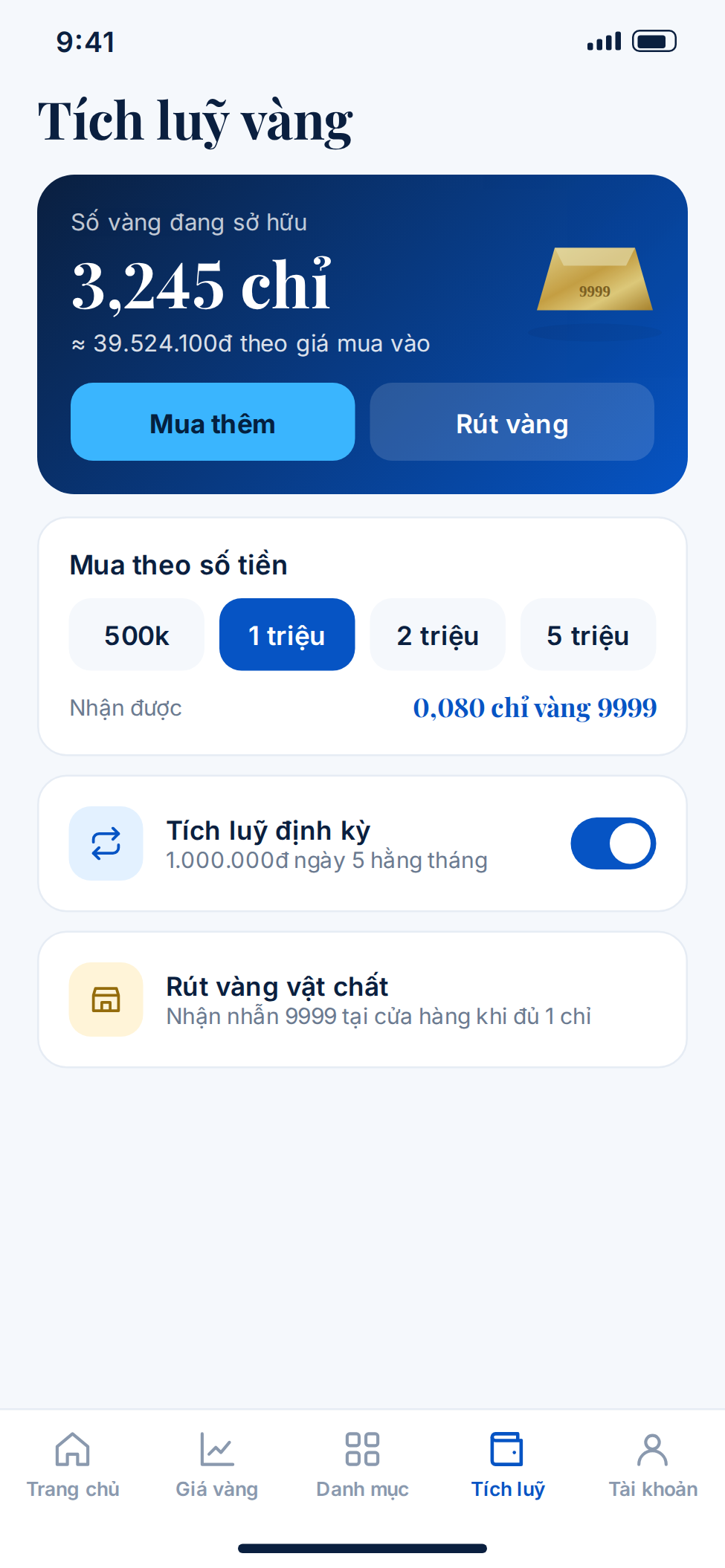 Tính năng tích lũy vàng trên app bán trang sức