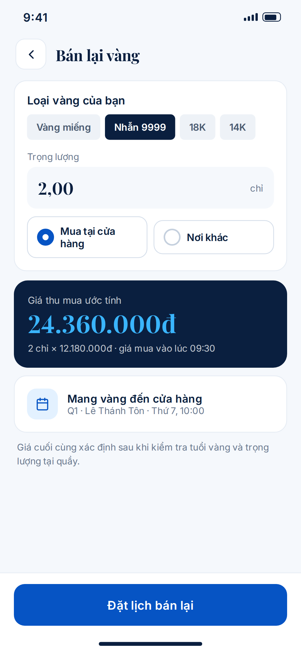Tính năng bán lại vàng trên app bán trang sức