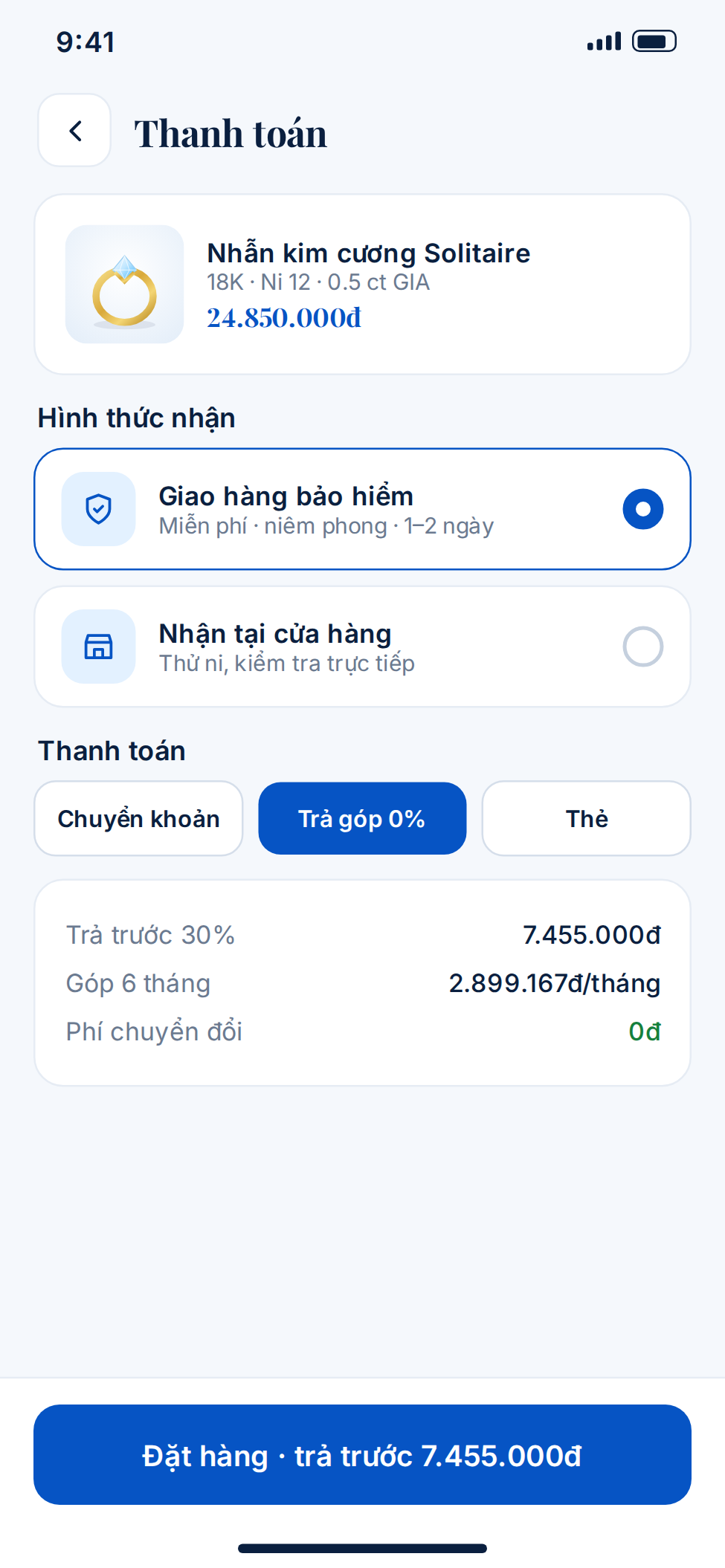 Giao diện thanh toán trên app bán trang sức