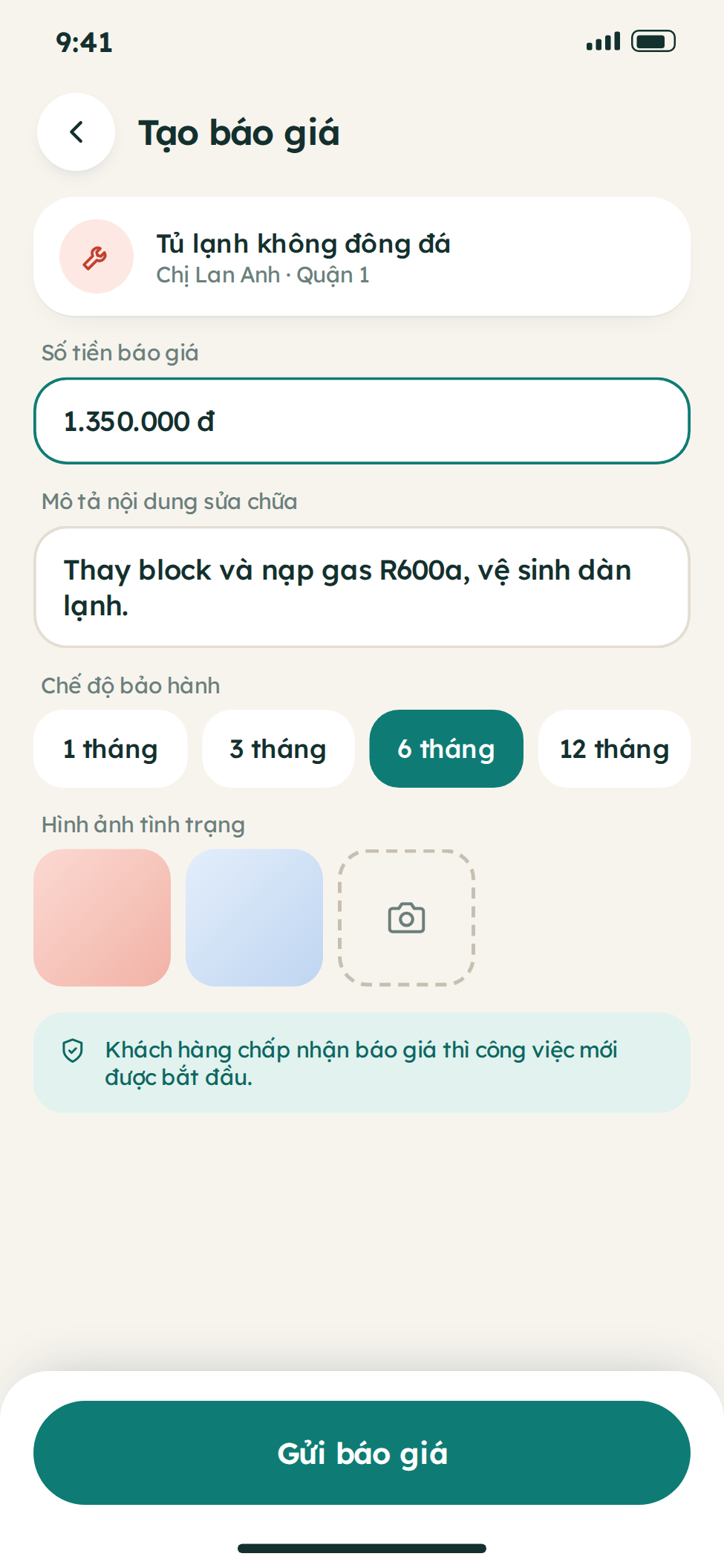 Giao diện quản lý đơn dịch vụ giúp việc
