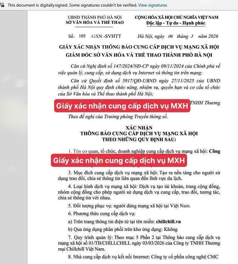 giấy xác nhận mạng xã hội